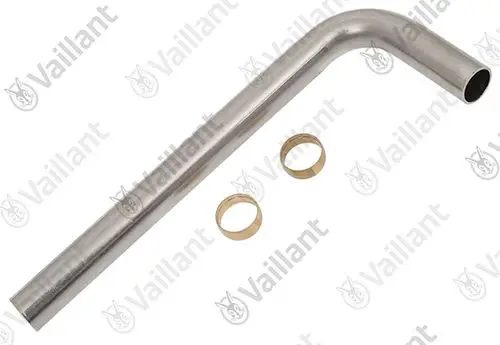 Vailant Rohr mit einer gebogenen Form und zwei Ringen. Das Metallrohr hat eine vernickelte Oberfläche, geeignet für Heizungsinstallationen.